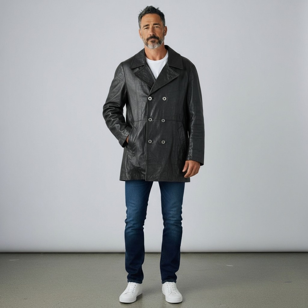 Vintage Black Double-Breasted Leather Coat – Men’s Size Large – Made in Italy - Picture 1 of 6